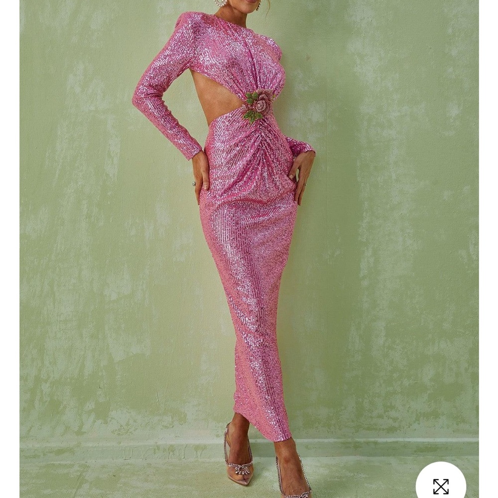 Aviva Long Sleeve Cutout Sequin Maxi Dress In Pink